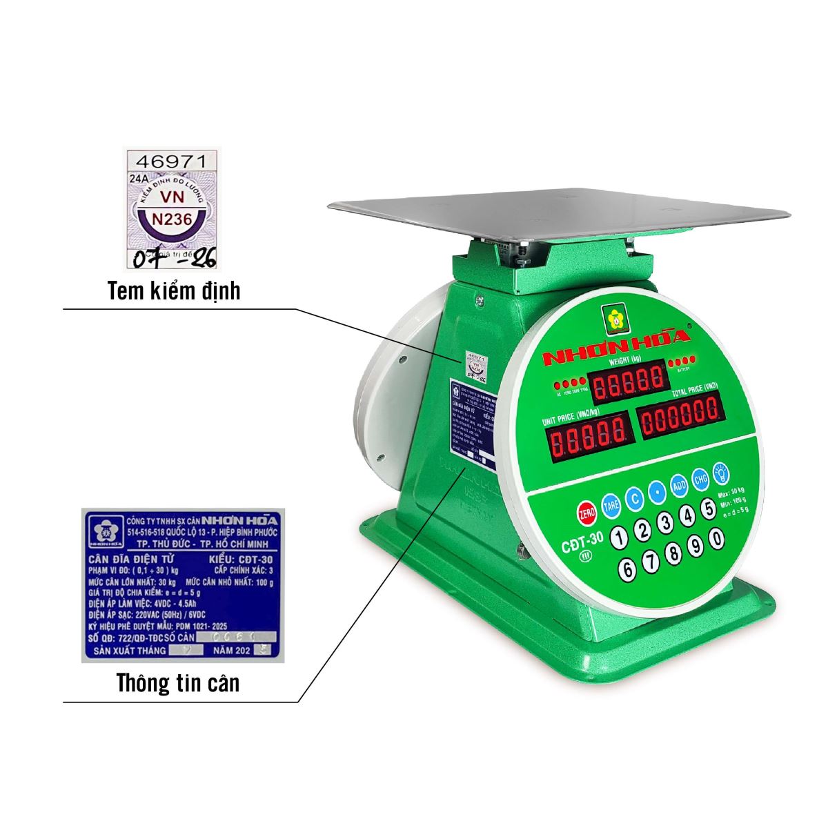 Cân điện tử Nhơn Hòa được Phê Duyệt Mẫu và Dán Tem Kiểm Định - Hợp pháp dùng trong thương mại.